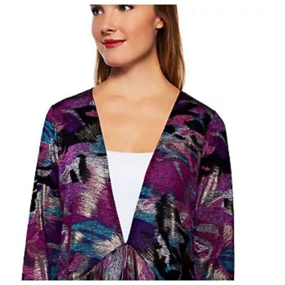 George Simonton Womens 3X Brown Multi Abstract Print Drape Front Cardigan with H - Picture 4 of 5